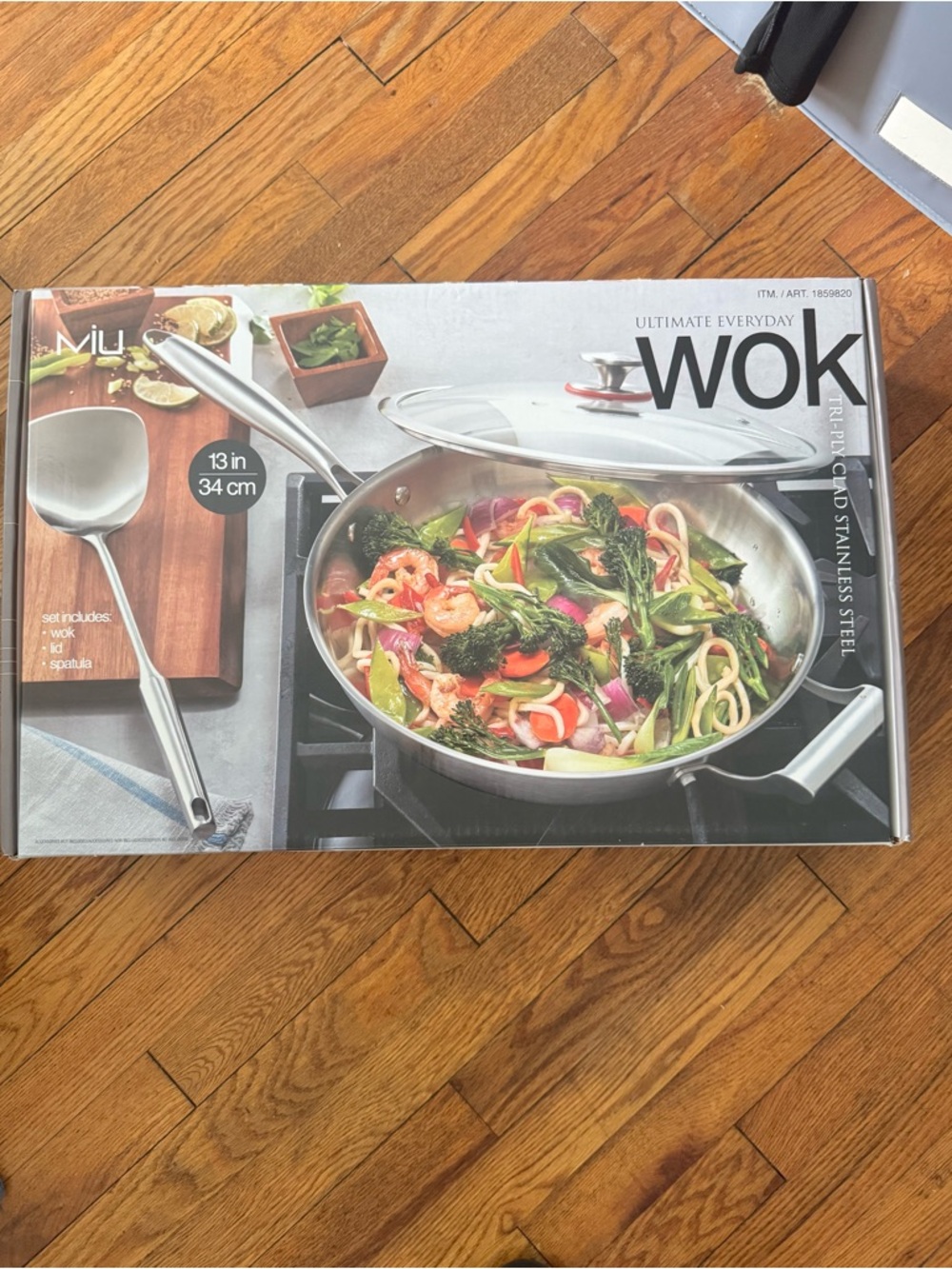 NWT! NIB! Miu 13in Stainless Steel Wok with Glass Lid and Spatula - Silver